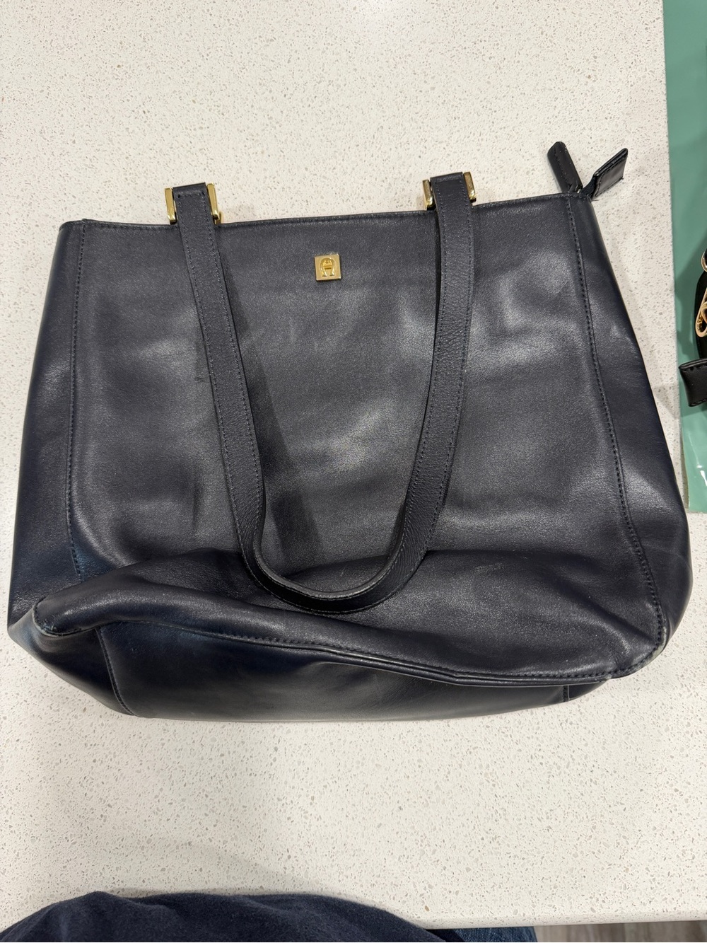 Vintage Etienne Aigner Navy Leather Shoulder Tote Bag